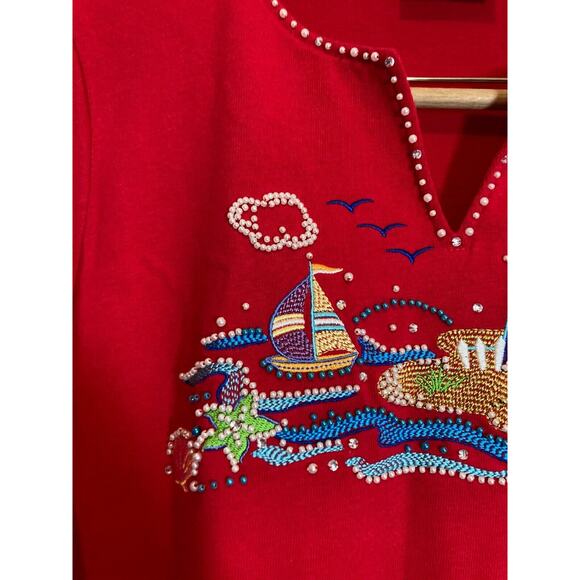 Quacker Factory Top Womens Medium Tunic Red Nautical Beachy Beaded Embroidered - Picture 8 of 16
